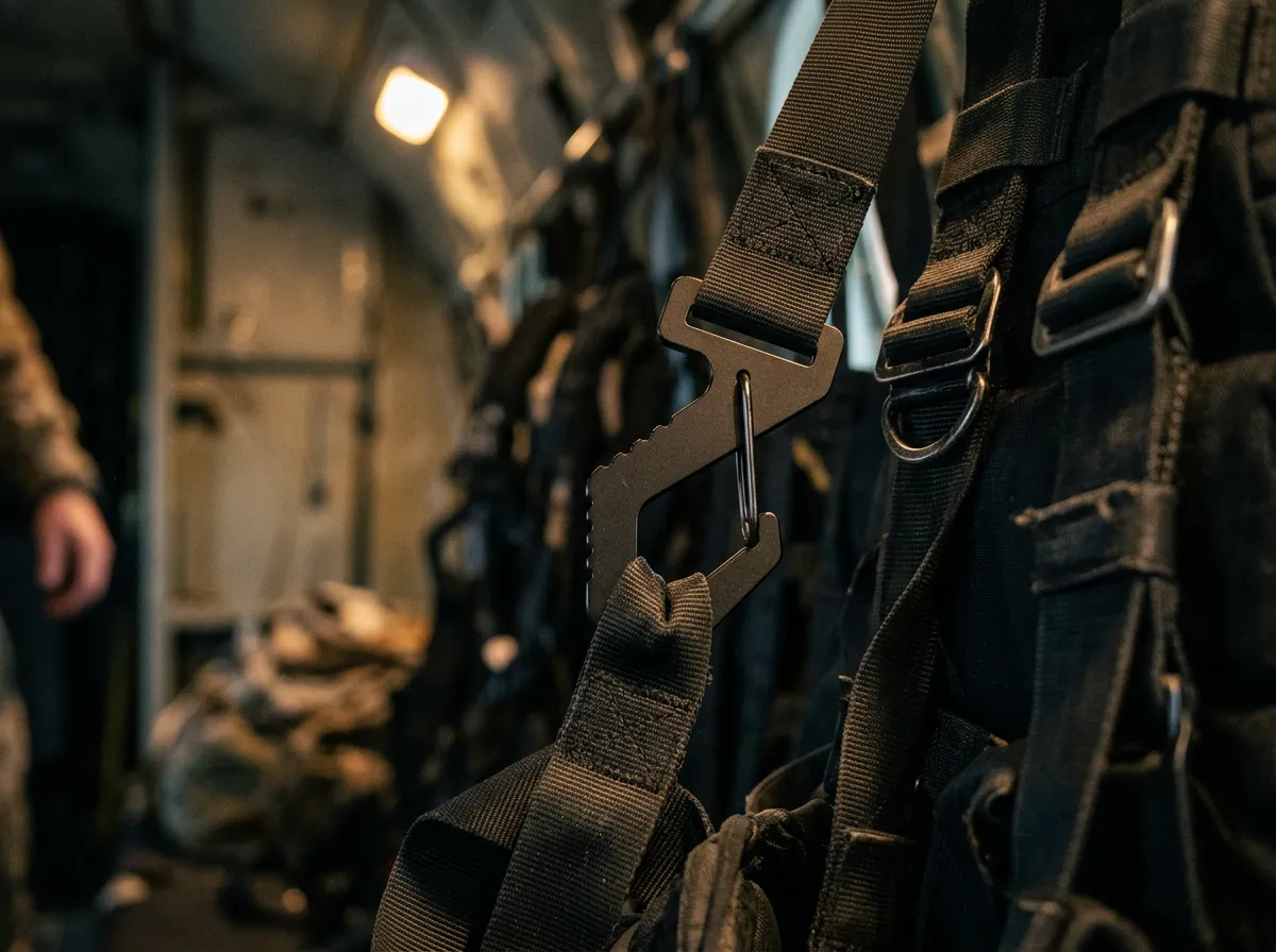Makefast snap hook securing webbing on aircrew harness in aircraft hold