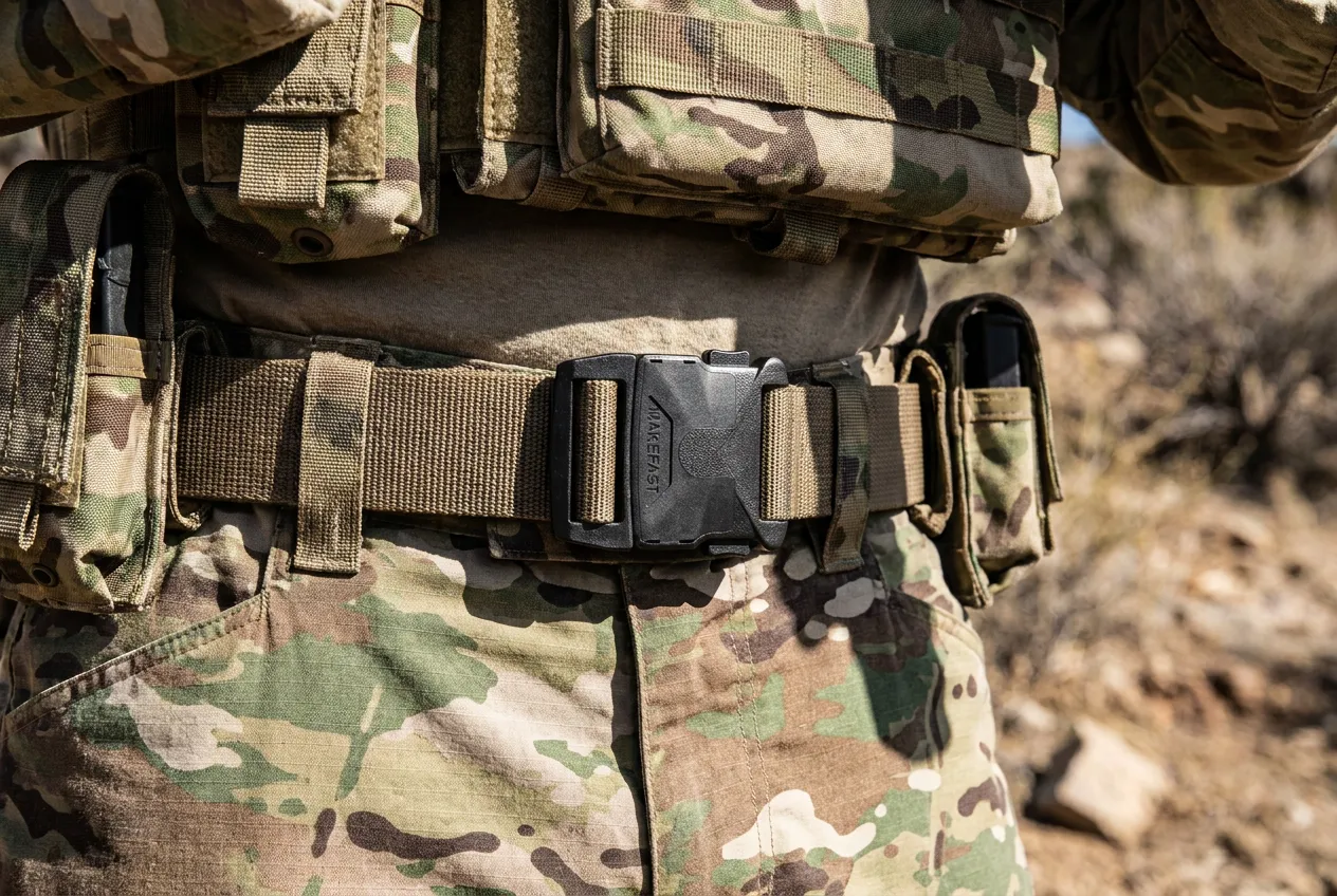 Makefast High Strength Plastic Buckle on a tactical operator's belt in the field