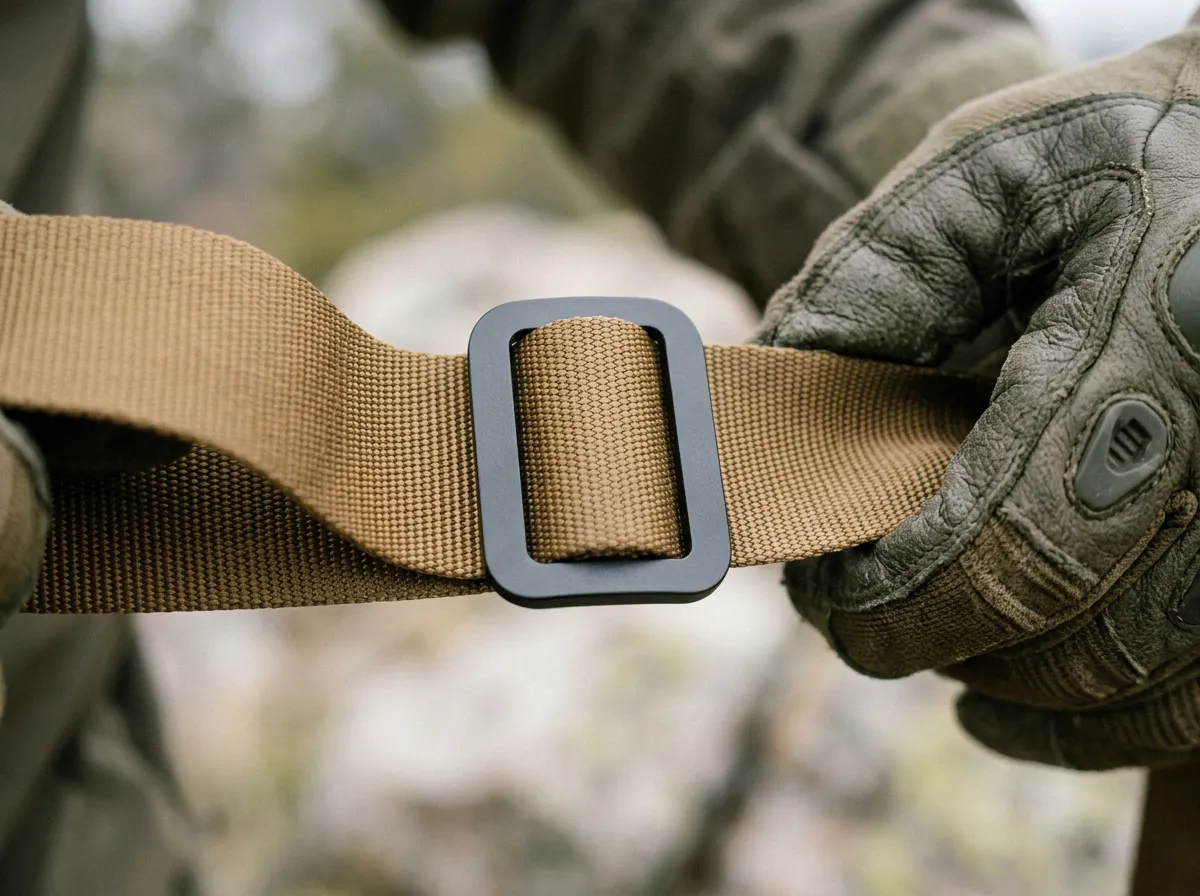 Makefast Adjuster Buckle threaded with tactical webbing, gloved hand for scale