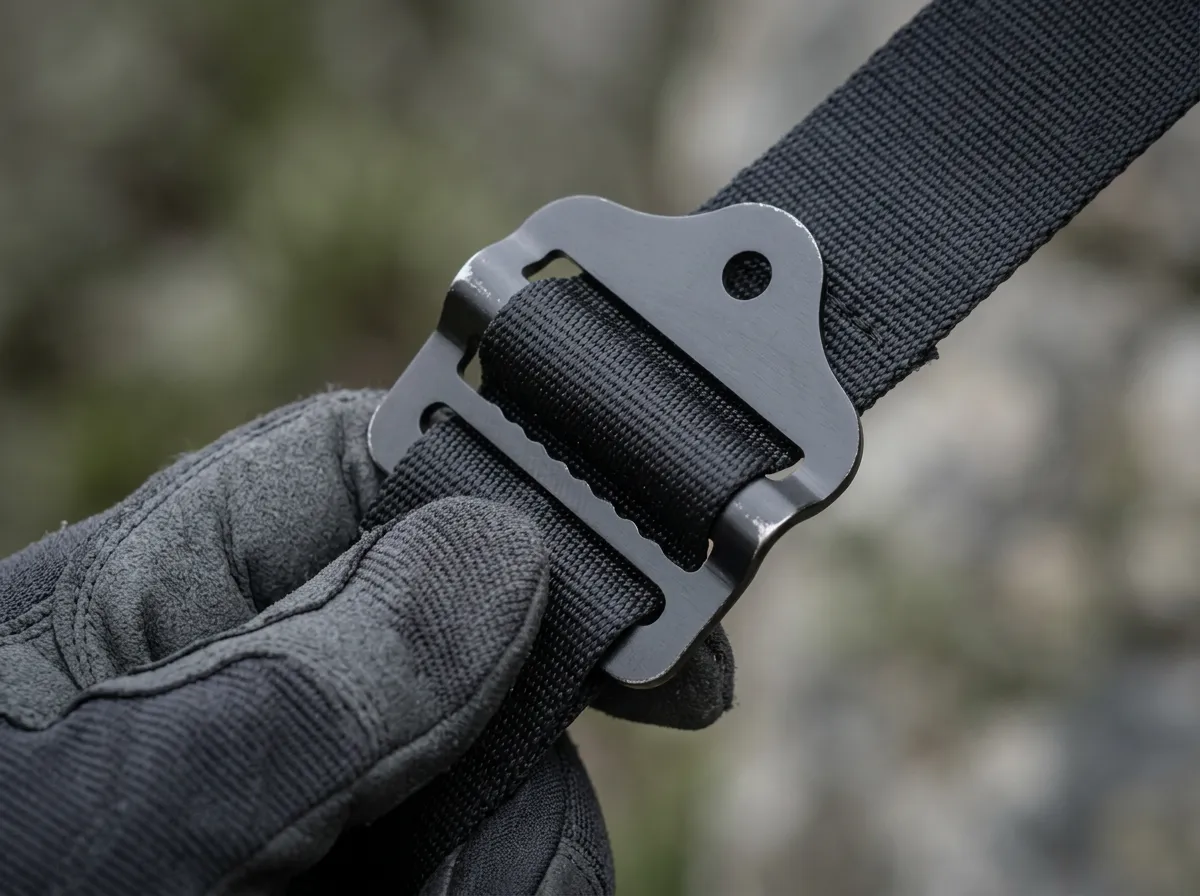 Makefast Ladderlock stainless steel buckle threaded with 25mm webbing, gloved hand adjusting