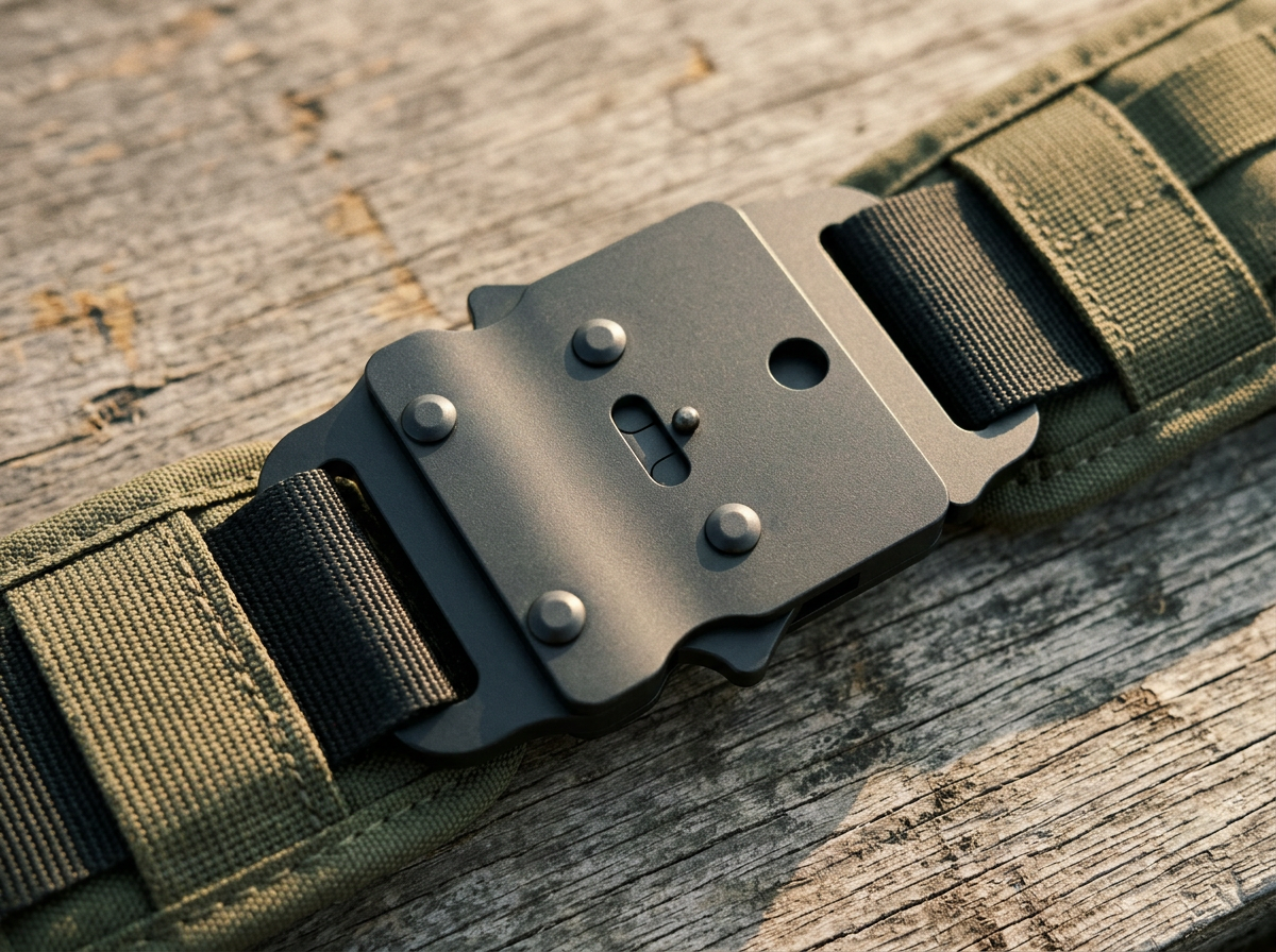 MAKO buckle closing a ranger-green load-bearing battle belt