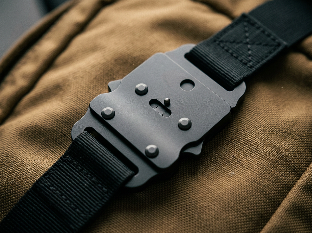 MAKO buckle mid-strap on a Cordura rucksack compression strap