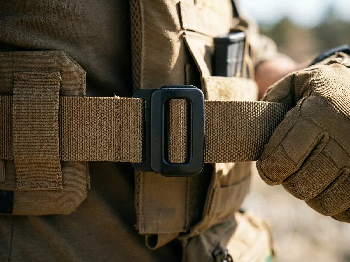 Matte black Makefast precision adjuster threaded with coyote tan webbing on a plate carrier side strap, operator's gloved hand pulling the tail to tighten the vest.