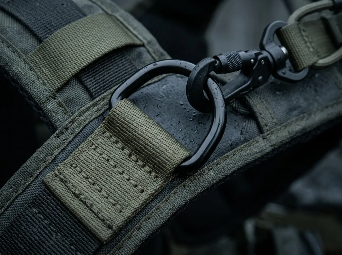 Makefast stainless D-ring on tactical harness webbing with clipped snap hook, moody overcast light