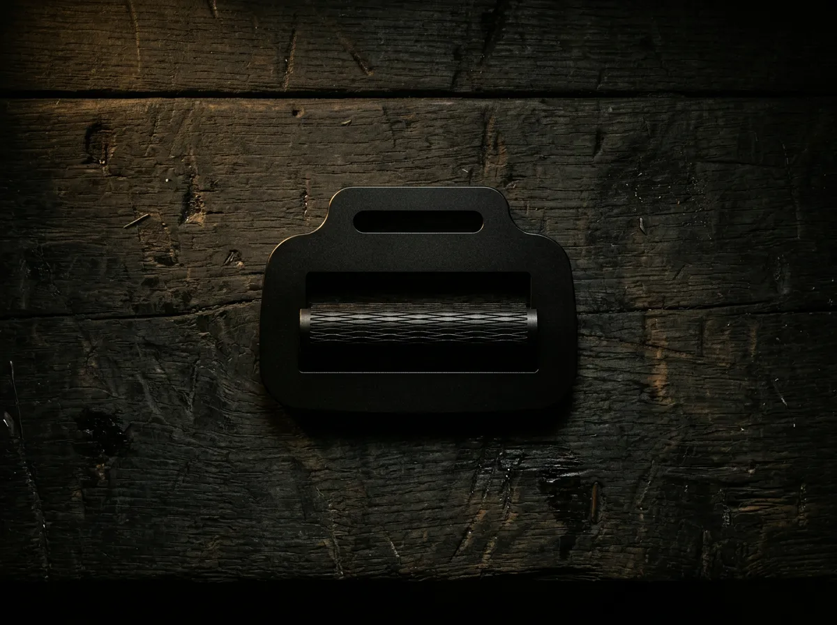 Makefast H-section sliding bar buckle top-down on a dark workbench, moody low-key lighting