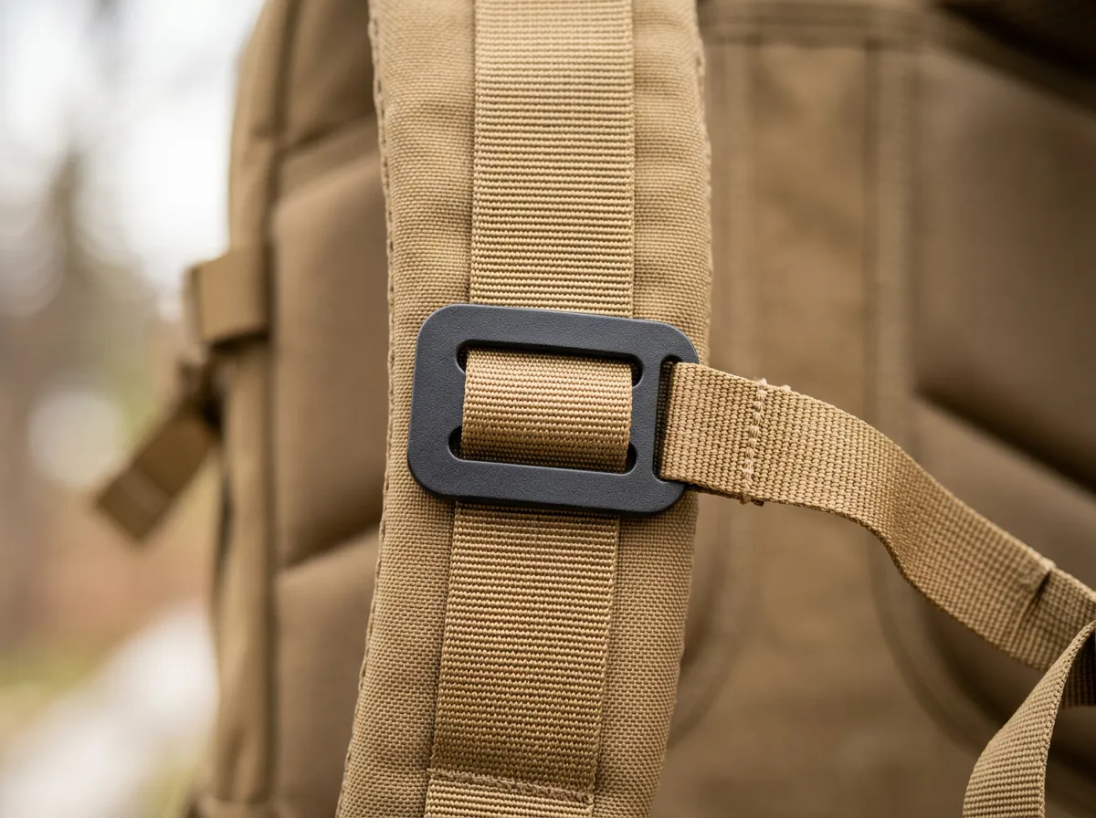 Quick Attach Triglide threaded onto a coyote tan backpack shoulder strap, demonstrating slide-adjustable sternum height.